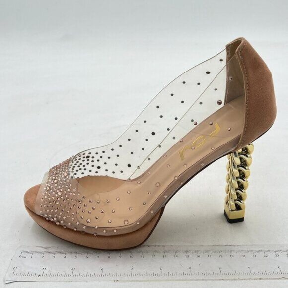 FSJ Women Golden Block High Heel Clear Pump Peep Toe Slip On Fashion  Tan Gold - Picture 1 of 6